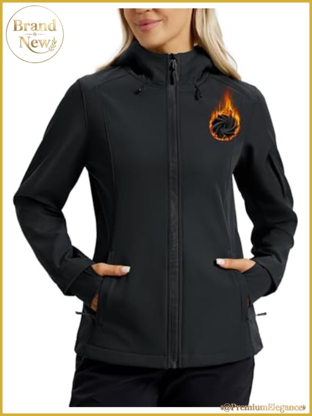 Women's Waterproof Softshell Jacket with Hood Fleece Lined Thumb Holes 5-Pocket